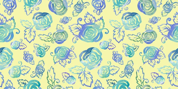 Багатобарвний літній акварельний квітковий безшовний візерунок синій, зелений і бірюзовий гілки і квітка троянди на жовтому тлі. Квіти елемент з упаковкою — стокове фото