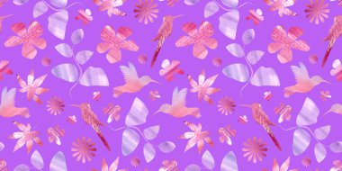 Kusursuz şekilli dijital kağıt tekstil ambalajı. suluboya çok renkli kuş ve çiçek elementi menekşe arkaplanında