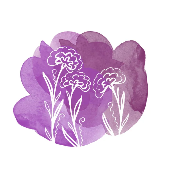Nastavte květinovou botanickou bílou květinu na akvarelové fialové skvrny. Izolovaný ilustrační prvek. Čára umění ruka kreslení divoký květ na bílém pozadí — Stock fotografie