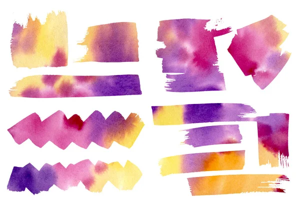Watercolor artistic freehand drawing set red, orange, yellow, purple and violet stains and splash. Watercolour frame abstract elements on white background. Infographic, manga and catalog — Fotografia de Stock