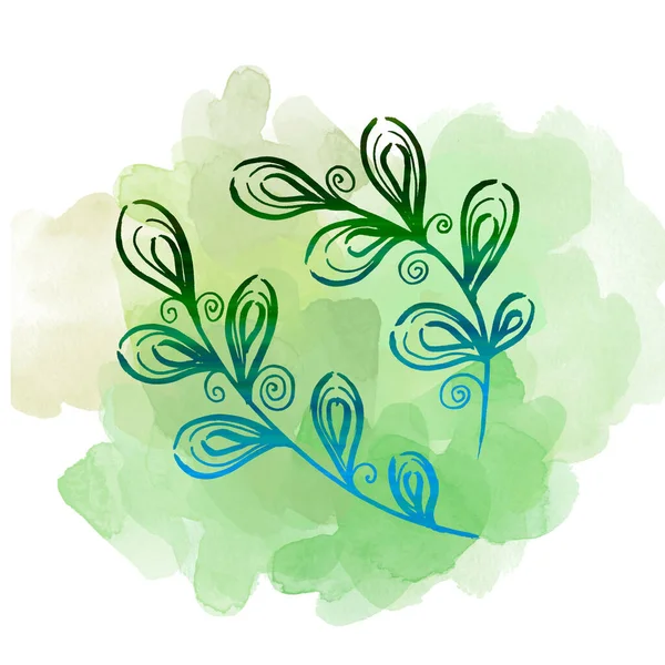 Linia wielobarwna sztuka Zostaw na akwarelowych zielonych plamach. Liniowy rysunek liści tropikalnych na białym tle — Zdjęcie stockowe