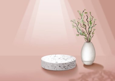 Beyaz taş podyum. Kozmetik ürünler standı ve ağaç yapraklı vazo. 3B görüntüleme