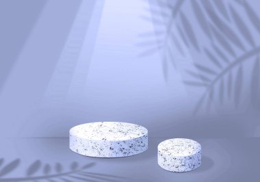 Ürün gösterisi için iki podyum mermer ve gölge doğa yaprakları. Violet geçmişi. 3B görüntüleme