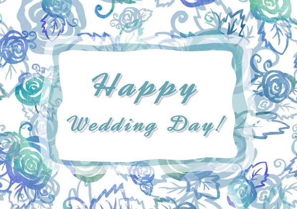 결혼식 날에 손 글씨로 쓴 행복 한 서명을 하 십시오. 카드 인사를 위한 필도, 초대장을 빌리는 문자. 물색 장미로 뒤덮인 배경 — 스톡 사진