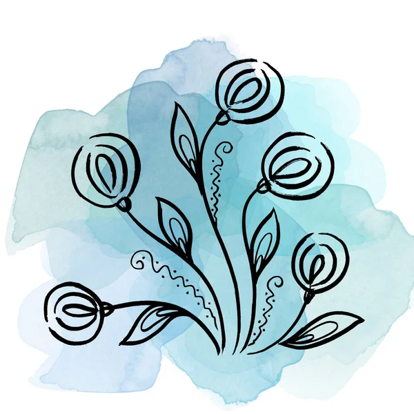Квіткова ботанічна кульбаба квітка барвистий букет на акварельних синіх плямах. Ізольований елемент ілюстрації. Лінія мистецтва рука малює дику квітку на білому тлі — стокове фото