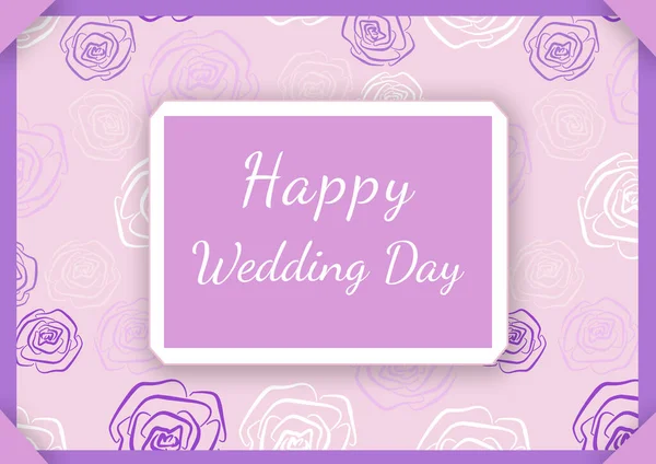 Happy wedding day hand - lettering sign in frame. Calligraphy words for greeting cards, weddind invitations. Background with line art roses — Stock Photo, Image