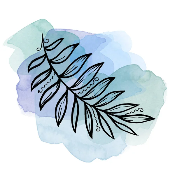 Colorful line art palm Leave on blue watercolor blob. Linear hand drawing tropical Leaf on white background — Stockfoto