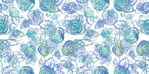 Inverno Multicolor aquarela floral padrão sem costura azul, verde e turquesa ramo e Rose Flower no fundo branco. Elemento flores com embalagem — Fotografia de Stock