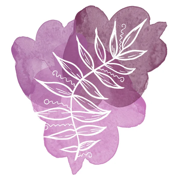 Colorful line art white tropical Leave on watercolor purple splash and blot. Linear hand drawing Leaf on white background — Stockfoto