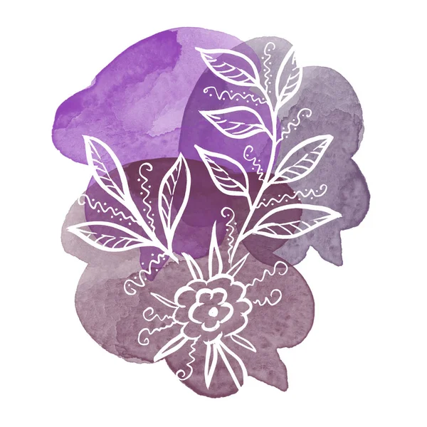 植物区系的热带白花，在水彩斑斓的紫斑上留下。孤立的说明性元素。白底线条手绘野花 — 图库照片