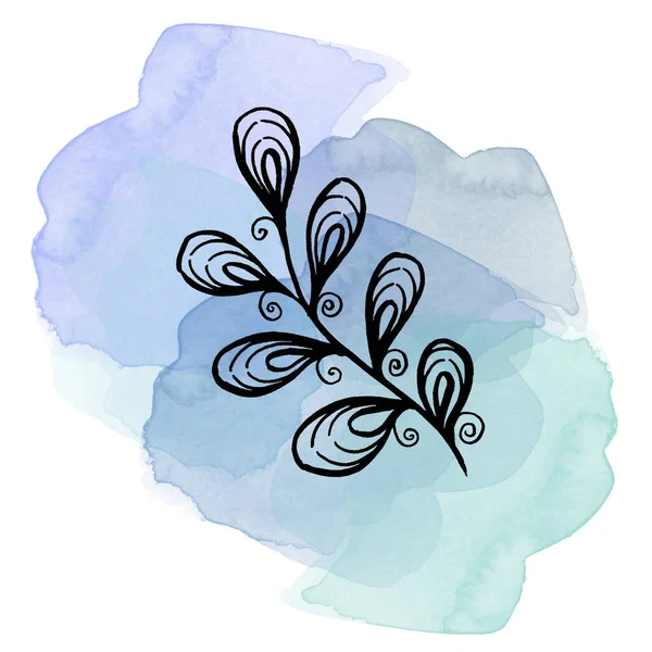 Bunte Linienkunst auf Aquarell-blauen Klecksen. Lineare Handzeichnung Blatt auf weißem Hintergrund — Stockfoto