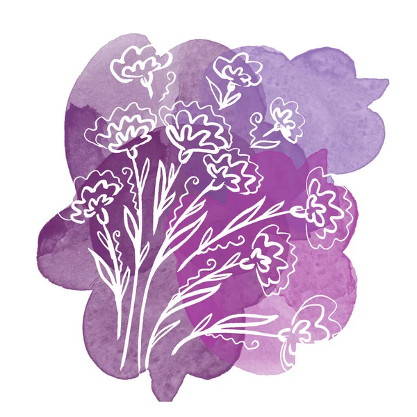 Virágos botanikus fehér napraforgó virág lila akvarell fröccsenés és foltok. Elszigetelt illusztrációs elem. Vonalművészet kéz rajz vadvirág fehér háttér — Stock Fotó
