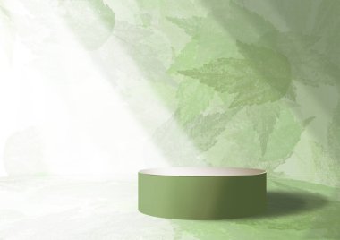 Yeşil doğa yaprakları olan ürün sergisi podyumu. 3B görüntüleme