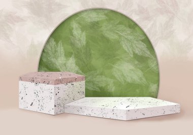 Beyaz mermer grup premium standı ve sonbahar izni düşüyor. Kozmetik ürünler sergisi podyumu. 3d oluşturma