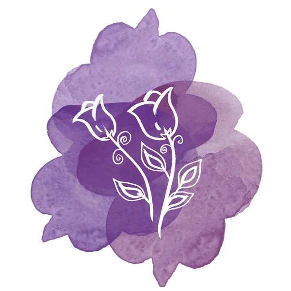 在水彩斑斓的紫色斑点上，开着植物白色的兰花。孤立的说明性元素。白底线条手绘野花 — 图库照片
