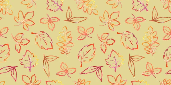 Multicolor Autumn watercolor floral Seamless pattern red, orange and brown fall Leave on yellow green background. Flowers element with packaging — 图库照片