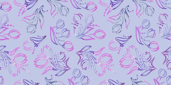 Multicolor Spring акварельний квітковий безшовний візерунок фіолетово-фіолетова гілка і тюльпан Квітка на сірому фоні. Квіти елемент з упаковкою — стокове фото