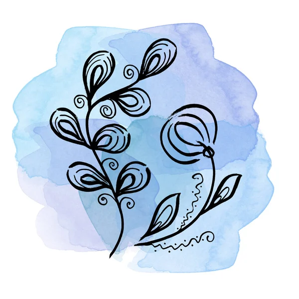 Floral botanical set leave and dandelion flower on blue watercolor blots. Isolated illustration element. Line art hand drawing wildflower on white background — Fotografia de Stock