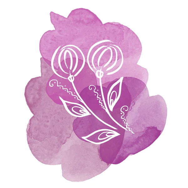Floral botanical white dandelion flower on watercolor purple blot. Isolated illustration element. Line art hand drawing wildflower on white background — Fotografia de Stock