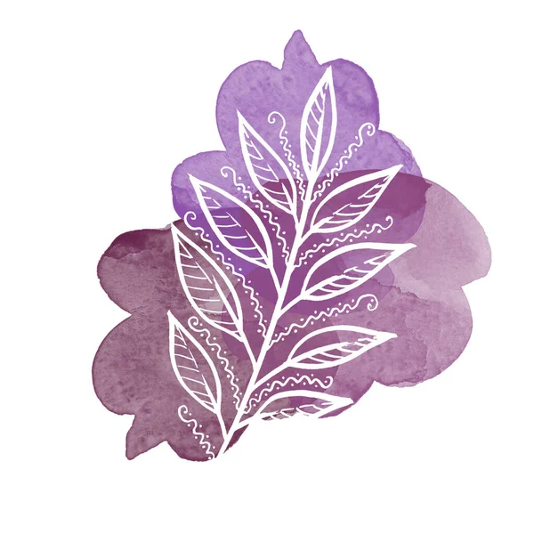 Colorful line art white laurel Leave on watercolor purple blot. Linear hand drawing Leaf on white background — Stockfoto