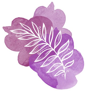 Renkli çizgiler, beyaz palmiye mor suluboya damlacıklar üzerinde bırakın. Beyaz arkaplanda doğrusal tropikal yaprak çizimi