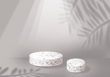 Taş Podyumlar ürün tanıtımı için. Tropik yaprak gölgesi. Gri arka plan. 3B görüntüleme