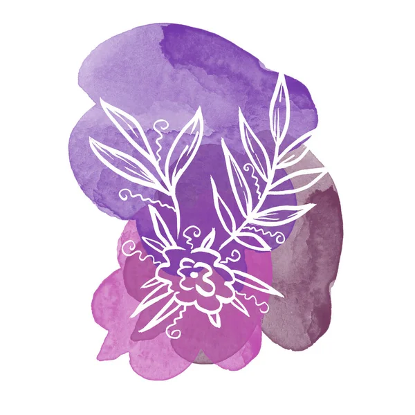 Set line art white calendula flower and Leave watercolor on purple blots. Linear hand drawing Leaf on white background — Fotografia de Stock
