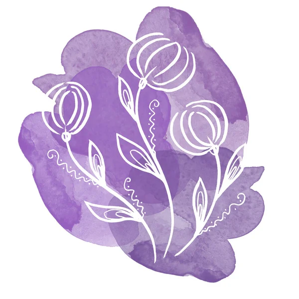 Квіткова ботанічна біла квітка на акварельних фіолетових плямах. Ізольований елемент ілюстрації. Лінія мистецтва рука малює дику квітку на білому тлі — стокове фото