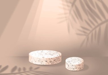 Ürün gösterisi için iki taş podyum. Tropikal yapraklı doğal dal gölgesi. Bej arka plan. 3B görüntüleme