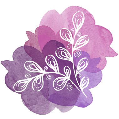 Çok renkli beyaz çizgiler, suluboya mor lekelerle bırakılır. Beyaz arkaplanda doğrusal tropik yaprak çizimi