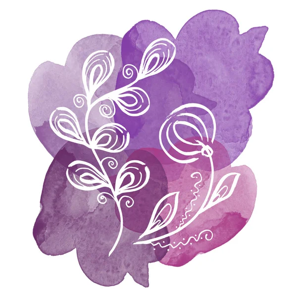 Kwiatowy zestaw botaniczny biały liść i kwiat mniszka lekarskiego na purpurowych plamach akwareli. Izolowany element ilustracji. Linia sztuka ręka rysunek dziki kwiat na białym tle — Zdjęcie stockowe