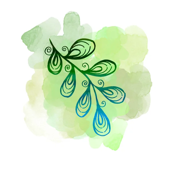 Art en ligne coloré Laissez sur aquarelle blobs verts. Dessin linéaire à la main Feuille sur fond blanc — Photo