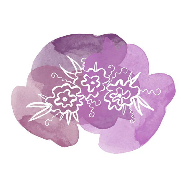 Floral botanical white flowers on watercolor purple blot. Isolated illustration element. Line art hand drawing wildflower on white background — Fotografia de Stock