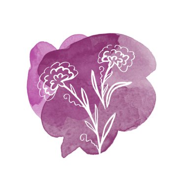 Çiçeksel botanik takvimi beyaz çiçeği suluboya mor lekeler üzerine koyun. İzole illüstrasyon elementi. Çizgi sanatçısı beyaz arka planda kır çiçeği çiziyor