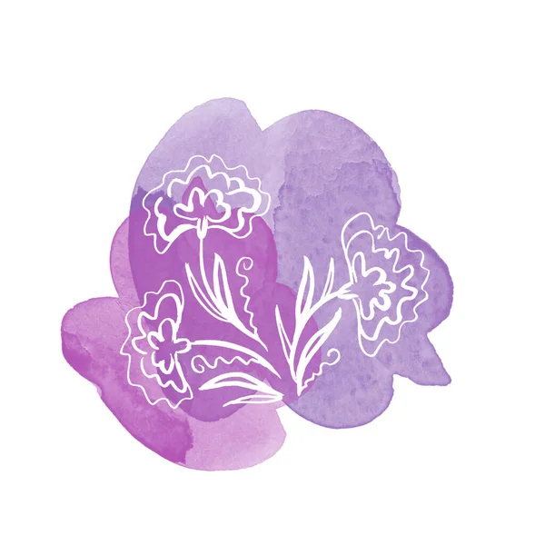 Zestaw biały kwiatowy kwiat Calendula botaniczny na purpurowe plamy akwareli. Izolowany element ilustracji. Linia sztuka ręka rysunek dziki kwiat na białym tle — Zdjęcie stockowe