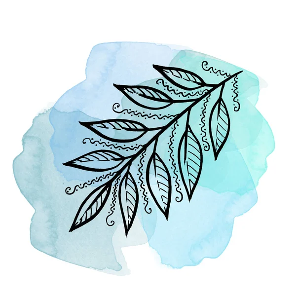 Colorful line art laurel Leave on watercolor blue blot. Linear hand drawing Leaf on white background — Stockfoto
