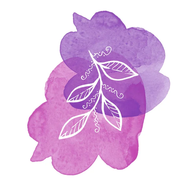 Multicolor línea de arte blanco Deja en la acuarela púrpura mancha. Dibujo lineal a mano Hoja sobre fondo blanco —  Fotos de Stock