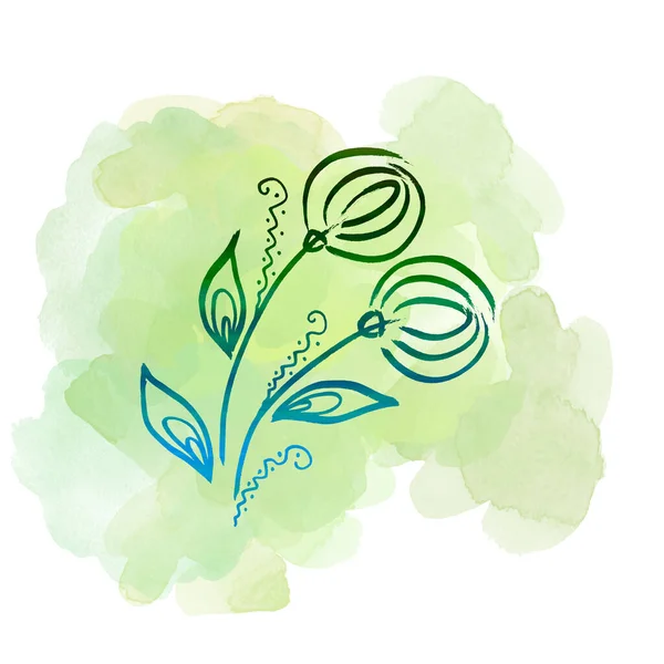 Kwiat kwiatowy mniszka lekarskiego na akwarelowej zielonej plamie. Izolowany element ilustracji. Linia sztuka ręka rysunek dziki kwiat na białym tle — Zdjęcie stockowe