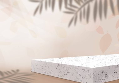 Sergi podyumu. Kozmetik ürünlerin tanıtımı. Tropik yapraklar gölgeler. 3d oluşturma