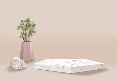 Beyaz podyum. Şeftali 3 boyutlu arka plan. Kozmetik ürünlerin tanıtımı için kaldırım taşı. 3 boyutlu görüntüleme. Vazoya dal koy ve git.