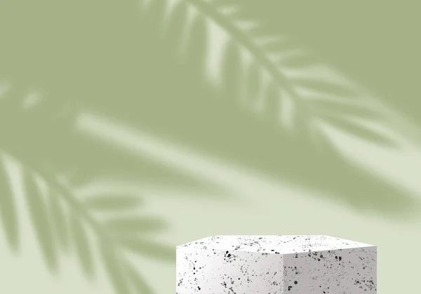 Podium de l'exehibition. Fond 3D vert. Branche avec ombre tropicale des feuilles. Piédestal en pierre. Présentoir pour produits cosmétiques. rendu 3D. Série tropicale — Photo