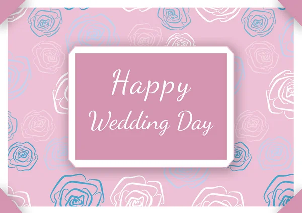 Happy wedding day hand - lettering sign in frame. Calligraphy words for greeting cards, weddind invitations. Background with line art roses — Stock Photo, Image