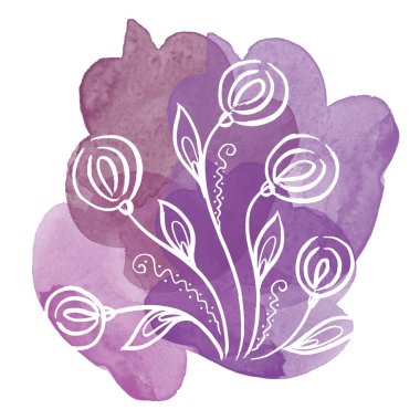 Floral botanical white dandelion flower colorful bouquet on watercolor purple blobs. Isolated illustration element. Line art hand drawing wildflower on white background