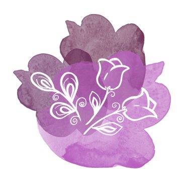 Floral botanical white flower campanula and leave on watercolor purple splash. Isolated illustration element. Line art hand drawing wildflower on white background