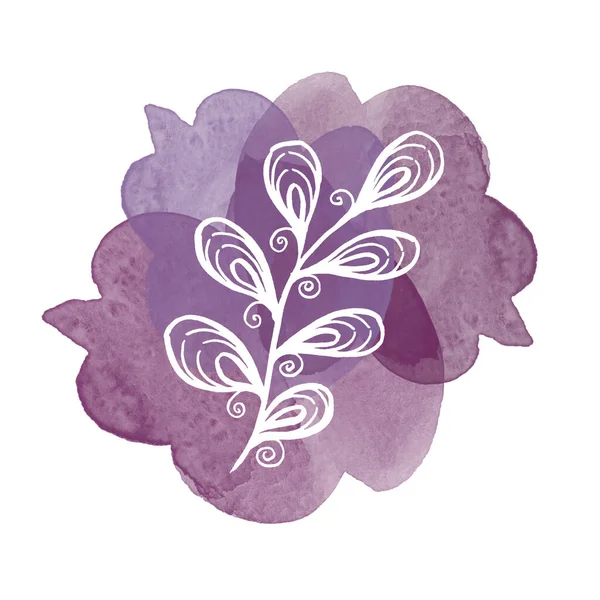 Colorful line art white Leave on watercolor purple blobs. Linear hand drawing Leaf on white background — Zdjęcie stockowe
