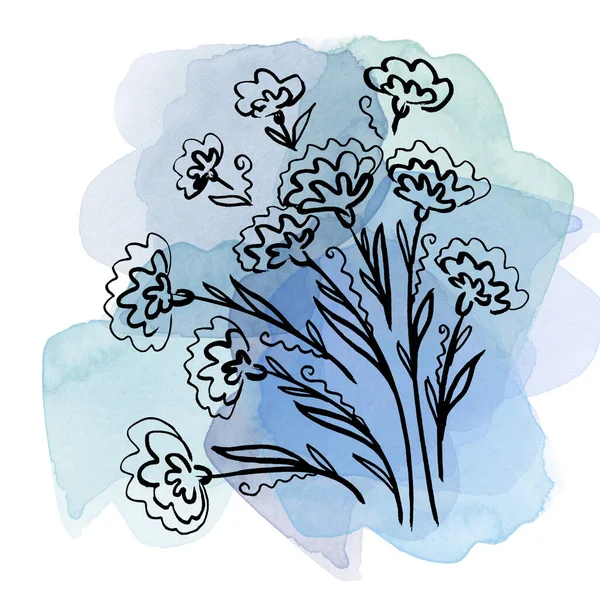 Floral botanical calendula flower on blue watercolor splash and blot. Isolated illustration element. Line art hand drawing wildflower on white background — Fotografia de Stock