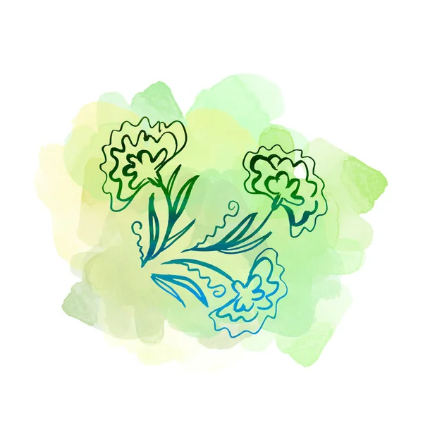 Set Floral botanical calendula flower on green watercolor blots. Isolated illustration element. Line art hand drawing wildflower on white background — ストック写真