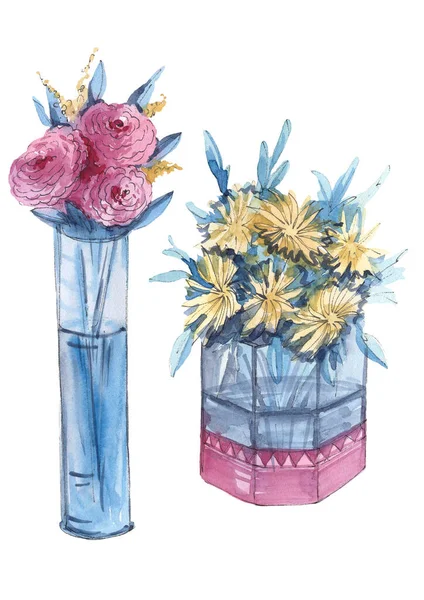 Watercolor flower bouquet in vase — стоковое фото