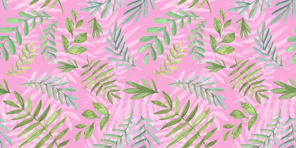 Μοτίβο χωρίς ραφές. Floral στοιχεία σε στυλ doodle. Ροζ φόντο. Τροπικά φύλλα. Πράσινα και λευκά χρώματα — Φωτογραφία Αρχείου