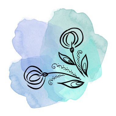 Floral botanical dandelion flower on watercolor colorful blue blots. Isolated illustration element. Line art hand drawing wildflower on white background